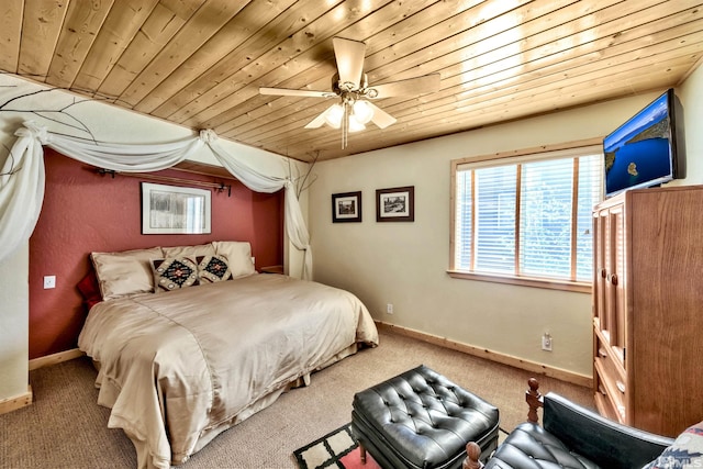 bedroom featuring ceiling fan, carpet floors, and wooden ceiling