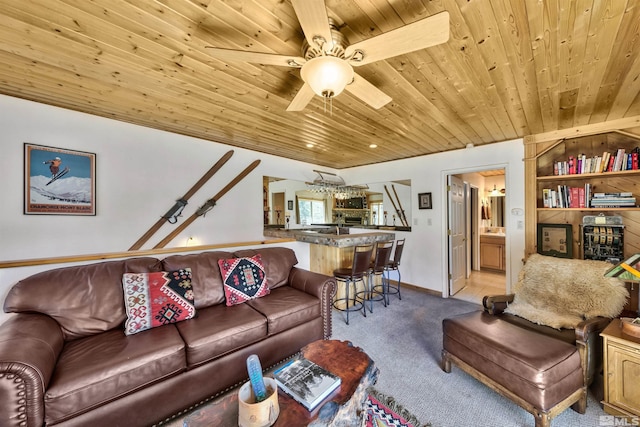 living room featuring ceiling fan, wooden ceiling, and light carpet