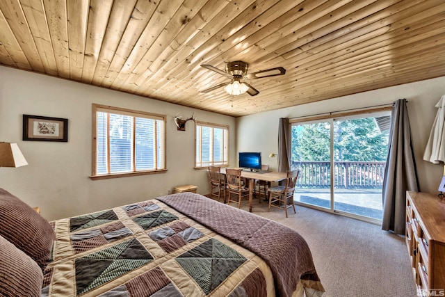 carpeted bedroom featuring ceiling fan, access to exterior, multiple windows, and wooden ceiling