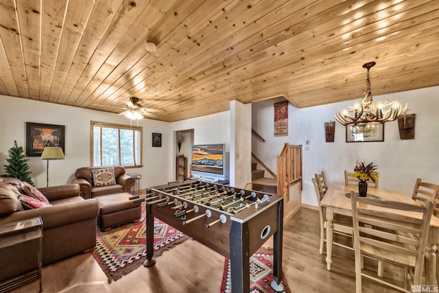 playroom featuring ceiling fan with notable chandelier, wood ceiling, and wood-type flooring