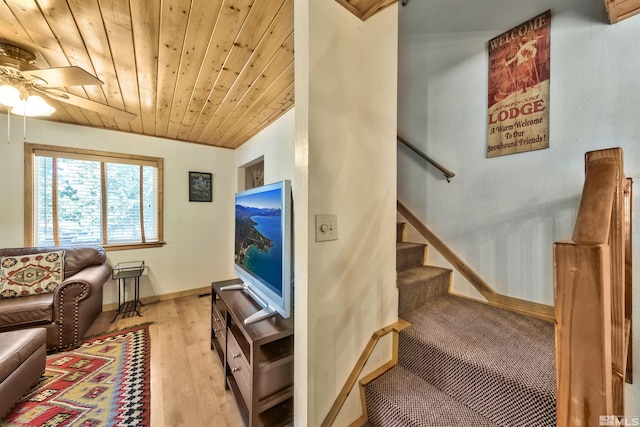 living room with wood ceiling, light wood-type flooring, and ceiling fan