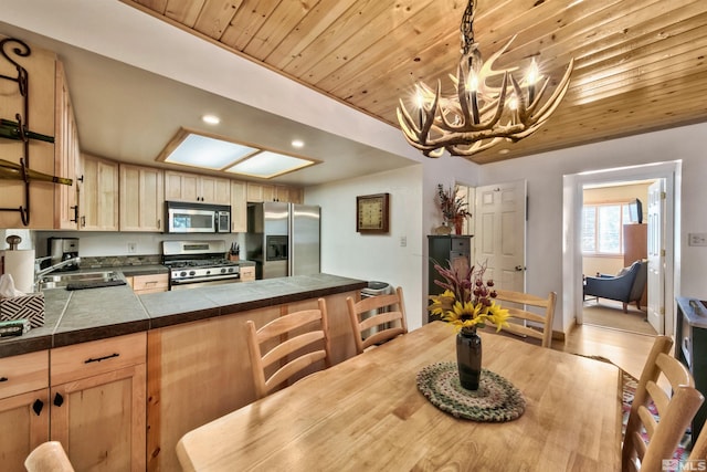 dining area featuring an inviting chandelier, light hardwood / wood-style flooring, sink, and wooden ceiling