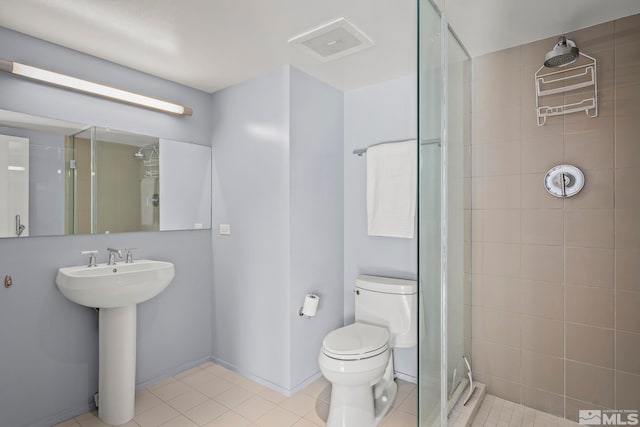 full bathroom featuring toilet, a stall shower, tile patterned flooring, and visible vents