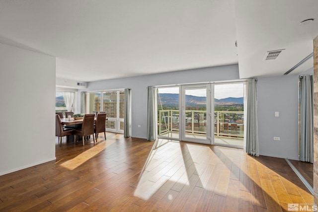 interior space featuring a mountain view, plenty of natural light, and dark hardwood / wood-style floors