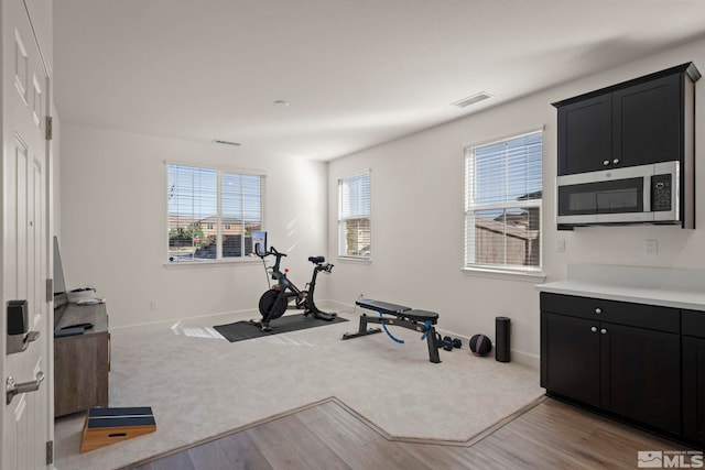 exercise area with a wealth of natural light and light wood-type flooring