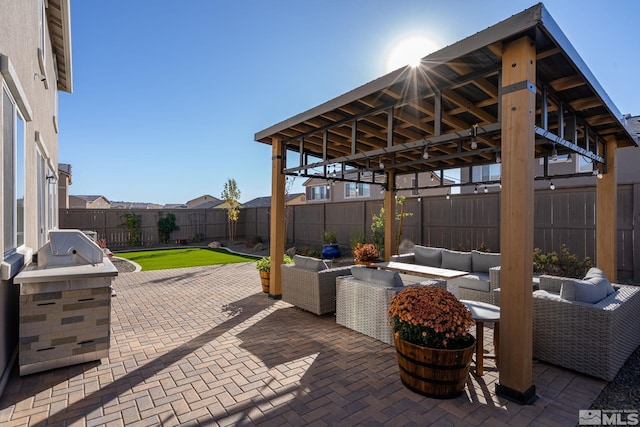 view of patio with a gazebo and outdoor lounge area