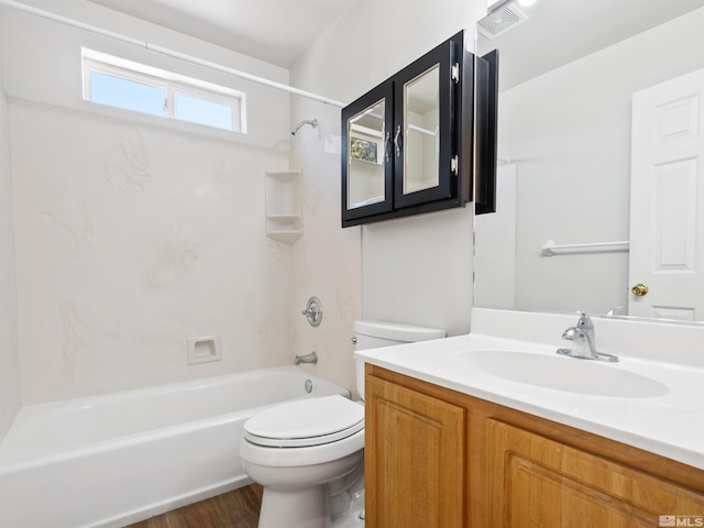 full bathroom with vanity, toilet, shower / bath combination, and hardwood / wood-style flooring