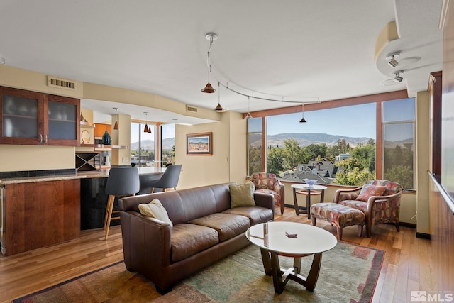 living room with a mountain view and hardwood / wood-style floors