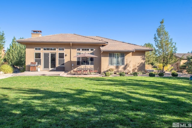 back of house with a patio area and a lawn