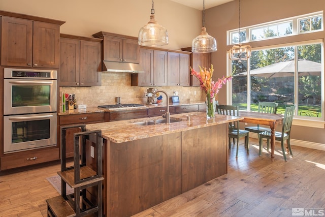 kitchen featuring light stone counters, sink, appliances with stainless steel finishes, and light hardwood / wood-style flooring