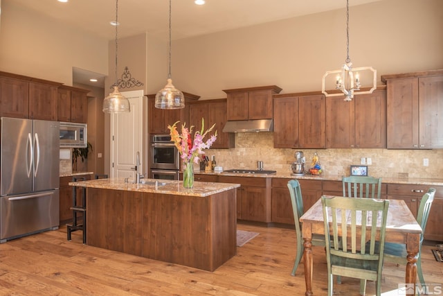 kitchen with appliances with stainless steel finishes, hanging light fixtures, light hardwood / wood-style floors, high vaulted ceiling, and a center island with sink