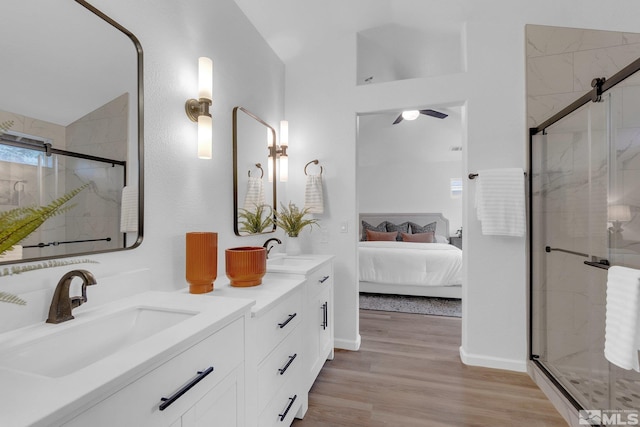 bathroom with vanity, a shower with shower door, and hardwood / wood-style flooring