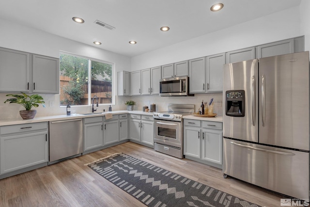 kitchen featuring tasteful backsplash, light wood-type flooring, sink, gray cabinets, and stainless steel appliances