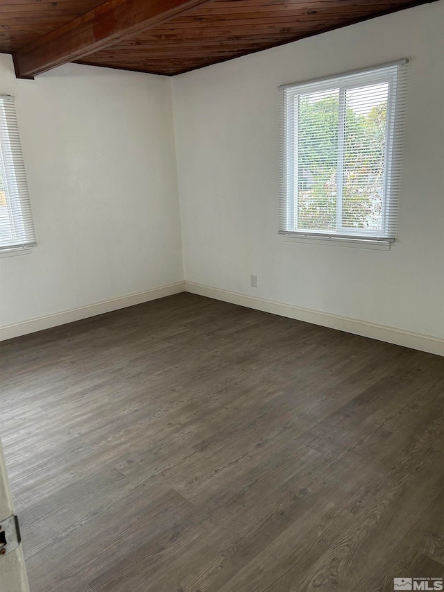 unfurnished room with beam ceiling, dark hardwood / wood-style flooring, and wood ceiling