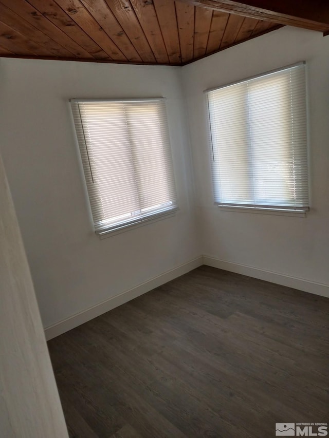 unfurnished room with dark hardwood / wood-style flooring and wooden ceiling