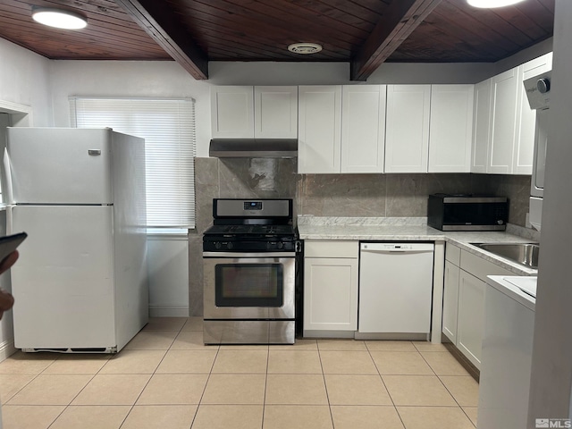 kitchen with white cabinets, beam ceiling, stainless steel appliances, and wood ceiling