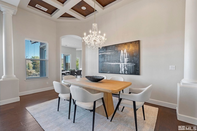 dining area featuring a chandelier, dark hardwood / wood-style floors, beamed ceiling, a high ceiling, and coffered ceiling