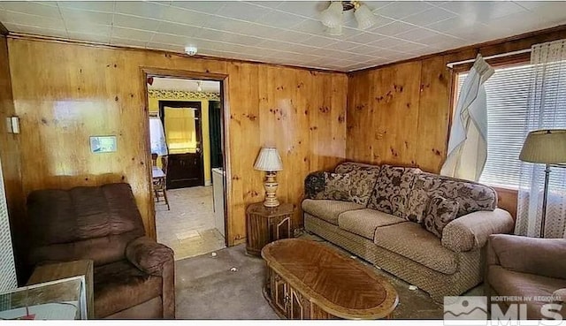 living room featuring wood walls and carpet flooring