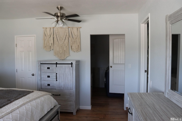 bedroom featuring ceiling fan and dark hardwood / wood-style flooring