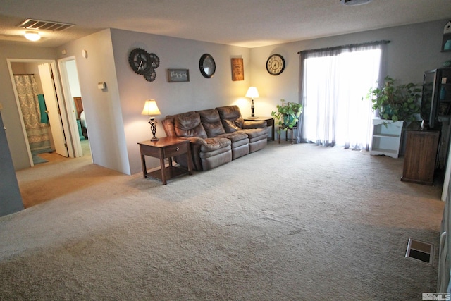 living room featuring light colored carpet