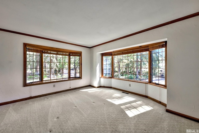 empty room with ornamental molding and light carpet