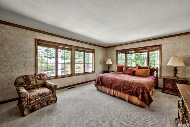 carpeted bedroom with crown molding and a textured ceiling