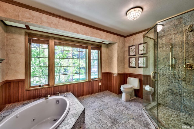 bathroom with separate shower and tub, ornamental molding, toilet, and plenty of natural light