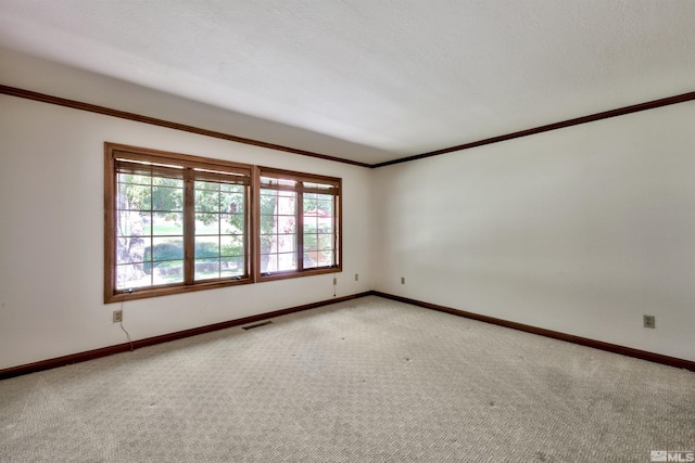 carpeted spare room with ornamental molding and a textured ceiling