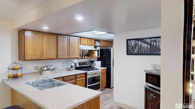 kitchen featuring light hardwood / wood-style flooring, kitchen peninsula, stainless steel appliances, and sink