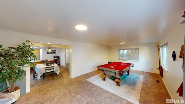 rec room with light carpet and billiards