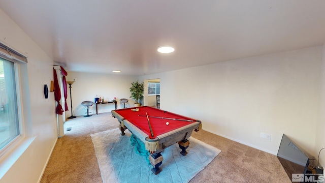 playroom featuring pool table, light colored carpet, and a healthy amount of sunlight