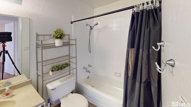 full bathroom with vanity, toilet, and shower / bathtub combination with curtain