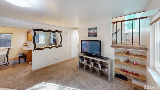 carpeted living room featuring a textured ceiling and a wealth of natural light