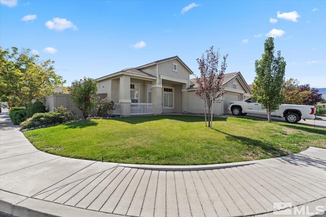 front facade with a garage, covered porch, and a front lawn