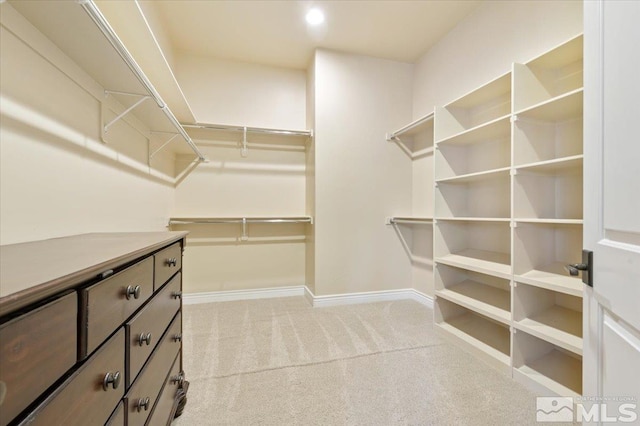 walk in closet featuring light carpet