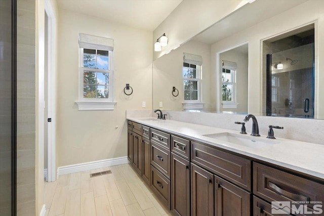 bathroom with vanity and a shower with shower door