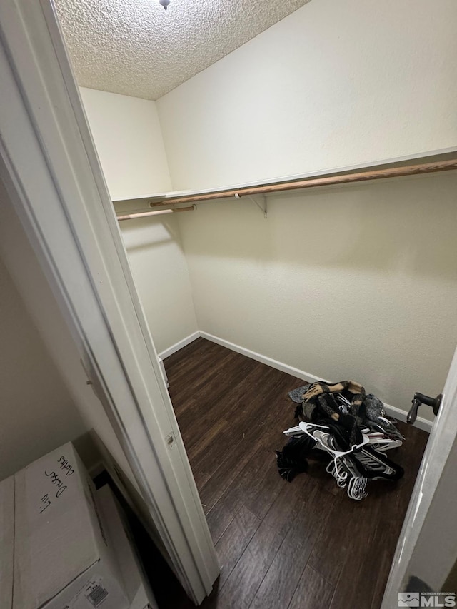 walk in closet with dark hardwood / wood-style floors