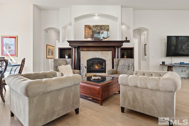 living room with light hardwood / wood-style floors and a high end fireplace