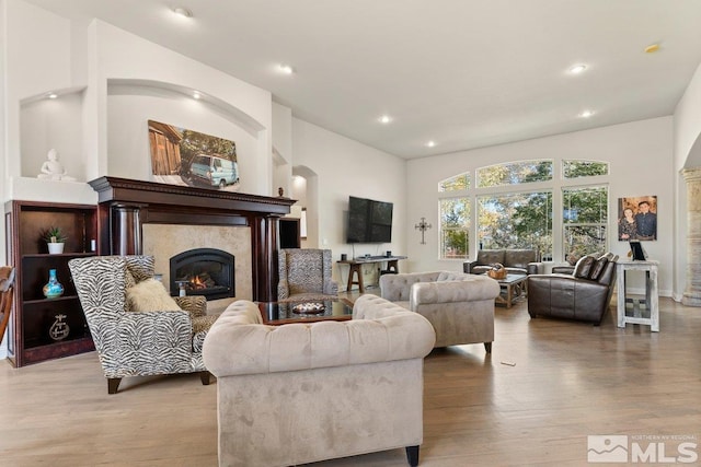 living room with light hardwood / wood-style flooring and vaulted ceiling