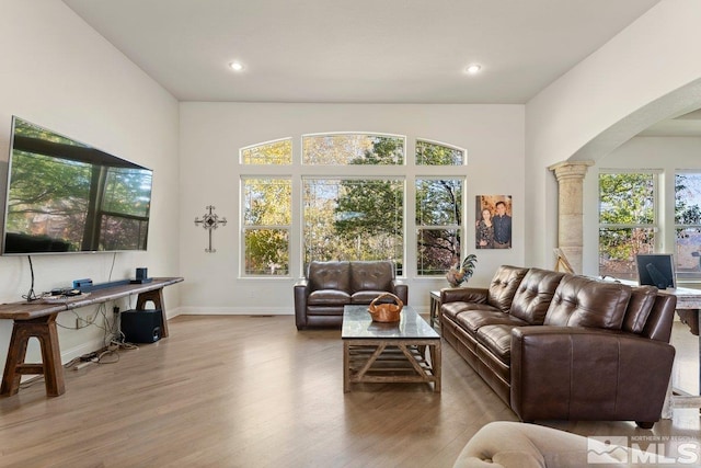 living room featuring ornate columns and light hardwood / wood-style flooring