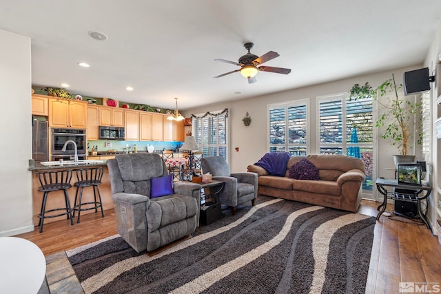 living room with wood-type flooring and ceiling fan