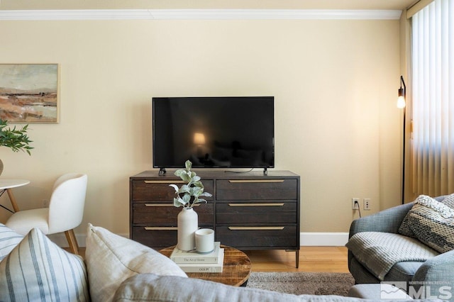 living room featuring light hardwood / wood-style floors and crown molding