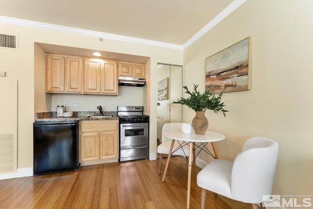 kitchen featuring light brown cabinetry, light hardwood / wood-style flooring, ornamental molding, dishwasher, and stainless steel range with gas stovetop