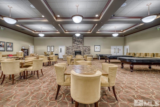 playroom with ornamental molding, carpet floors, beam ceiling, and coffered ceiling