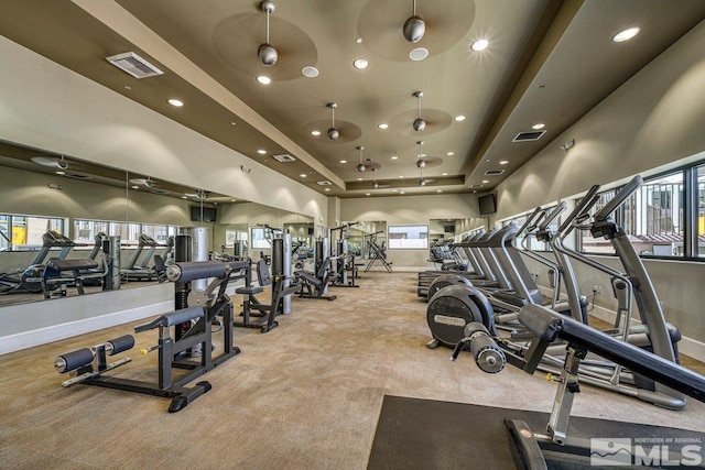 gym with light carpet, a raised ceiling, and a high ceiling