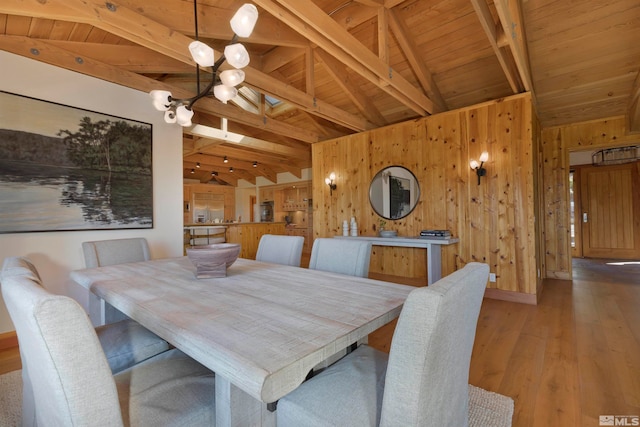 dining space with lofted ceiling with beams, wooden ceiling, wood-type flooring, and wood walls