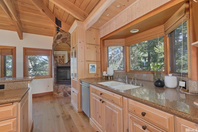 kitchen featuring sink, dishwasher, light wood-type flooring, wood ceiling, and light stone counters