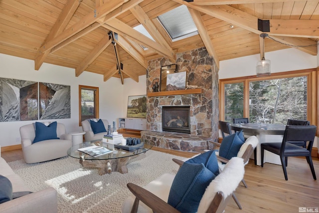 living room featuring wood ceiling, beam ceiling, high vaulted ceiling, a fireplace, and light hardwood / wood-style floors