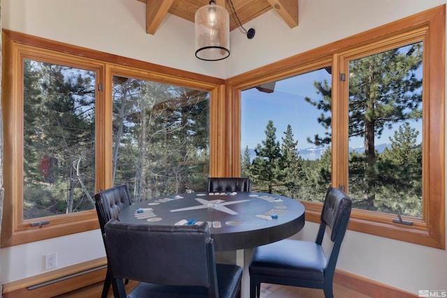 dining room with a healthy amount of sunlight, beamed ceiling, and hardwood / wood-style floors