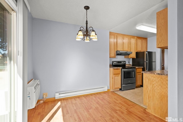 kitchen with extractor fan, light hardwood / wood-style flooring, baseboard heating, and stainless steel electric range oven